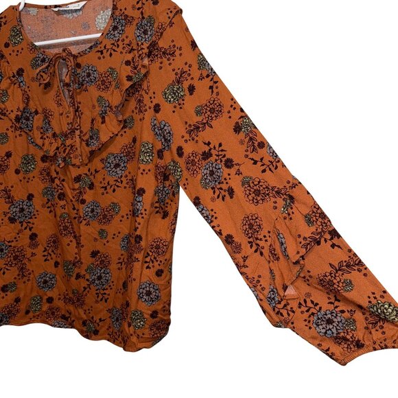Sonoma Womens Floral Ruffle Blouse M Rust Multi-Color Long Sleeve 100% Rayon - Picture 5 of 6